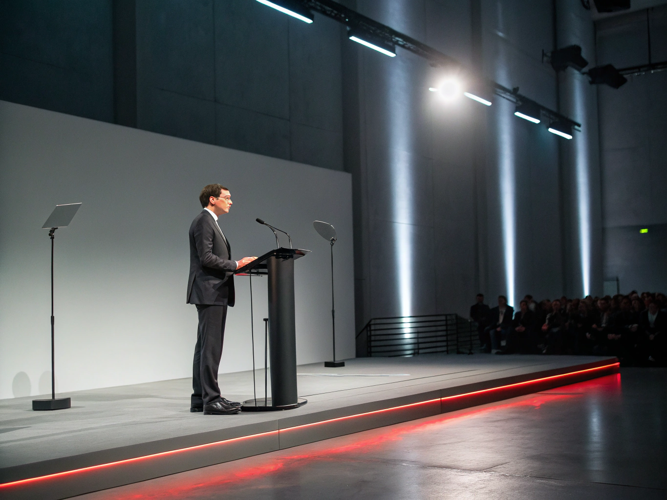 Damien Cole speaking with high energy on a stage with dramatic lighting