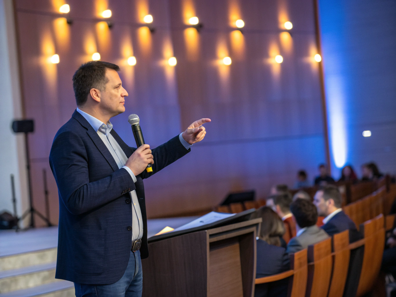 Damien Cole speaking on a high-energy stage